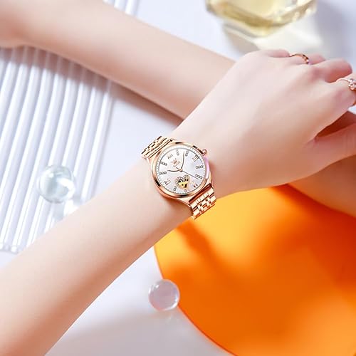 Miniatura 7 de OLEVS Reloj mecánico automático para mujer, correa de cuero, cuerda automática, reloj de pulsera para mujer, esfera de corazón de diamante,