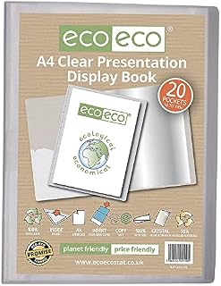 eco-eco A4 Size 50% Recycled 20 Pocket Clear Presentation Display Book, Storage Case Portfolio Art Folder with Plastic Sleeves, eco110