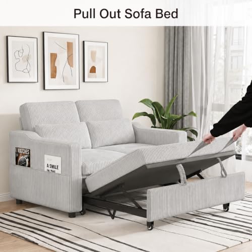Image of 51.6 inch 3-in-1 Convertible Sleeper Sofa Bed, Pull Out Loveseat Couch with 5-Position Adjustable Backrest, USB & Type-C Ports, Side Storage Pockets, Corduroy Sofa Bed for Small Spaces