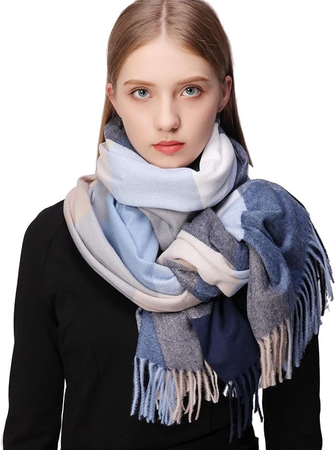 AlexvyanWinter Blue Multicolor Long Warm Stoles Shawls Long Big Checked Scarves Woolen Women Casual Scarf Soft Wrap for Casual Formal Occassions- 200CM*70CM