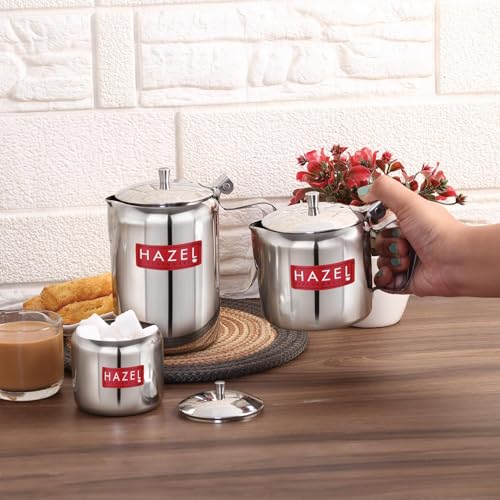 Image of HAZEL Stainless Steel Tea Coffee Sugar Serving Pot with Handle & Lid | Strong and Sturdy, Spill Proof Pouring, Set of 3 | Perfect for Diwali Festival Celebrations