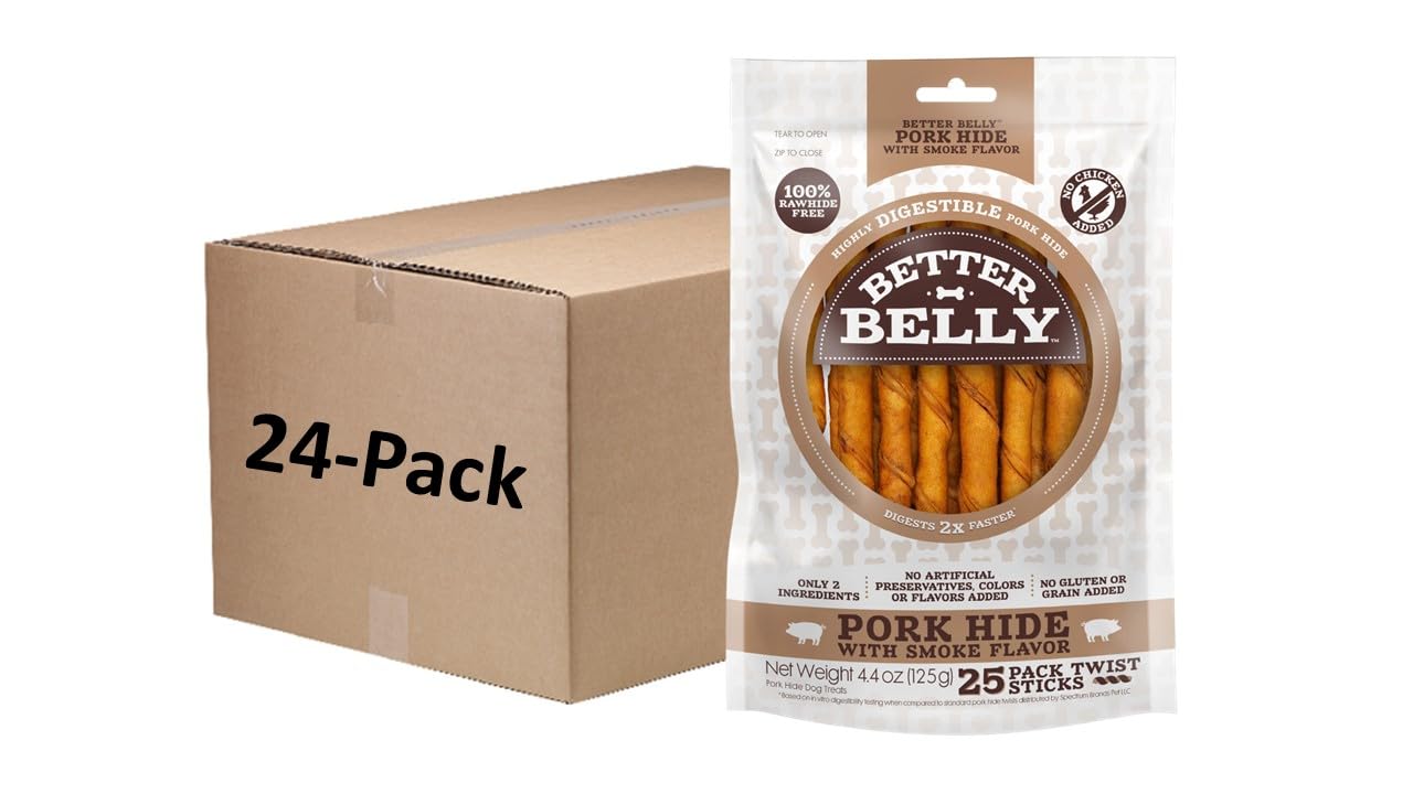 Better Belly Pork Hide Twists Highly Digestible Dog Treats, 25 Ct (24 Pack)