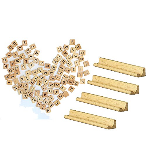 Wooden Scrabble Replacement Tiles & Letter Racks Set of Four(4) (Complete Set of 100 Letter Tiles)