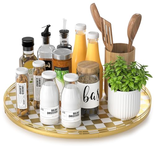 Image of Premium Rubber Wood Lazy Susan Turntable, Glod White Checkerboard Decorative Serving Tray, Hand-Welded Metal Railing, Stable Rotating Organizer for Dining Table, Kitchen Counter, Coffee Table Decor