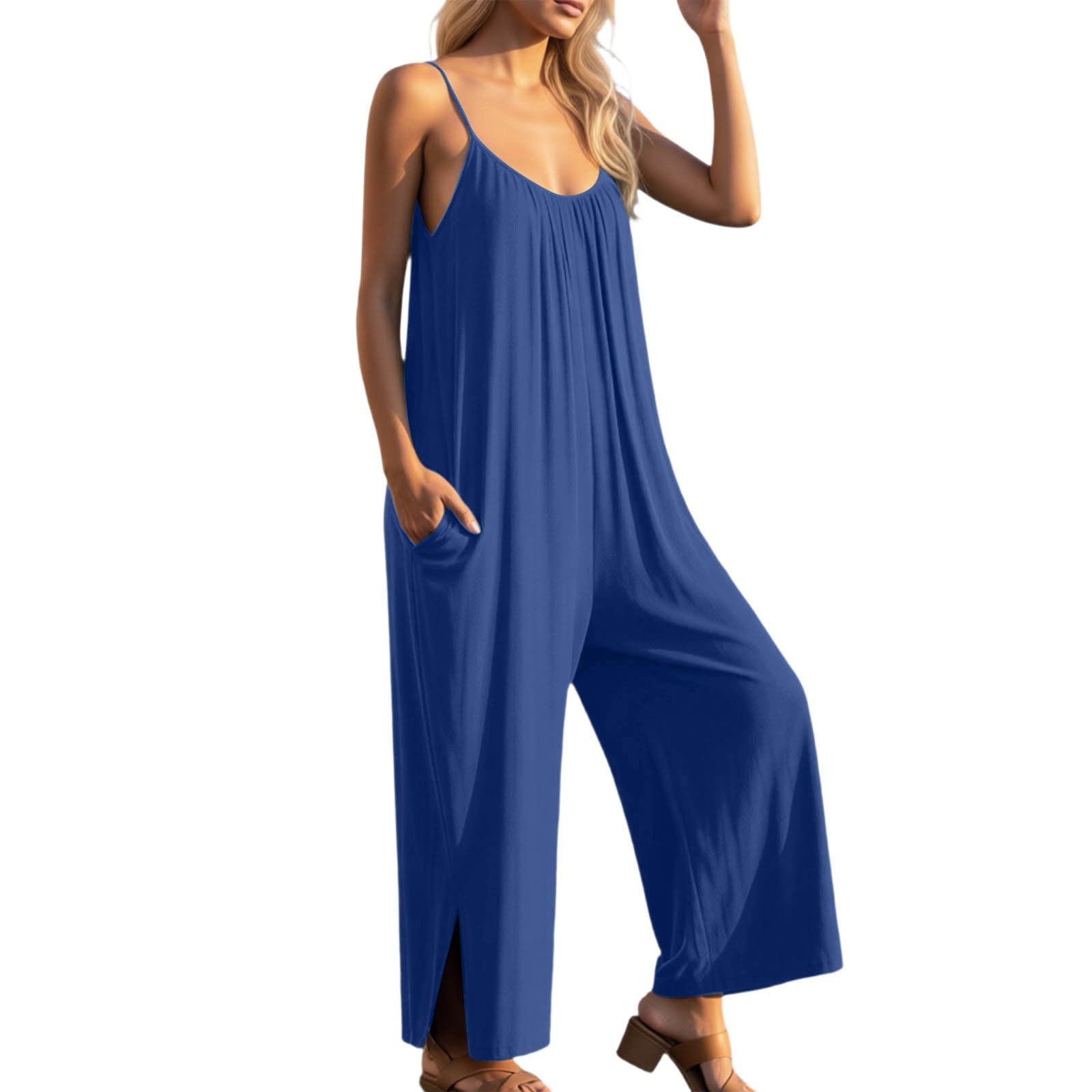 Genérico Mono sin mangas bohemio para playa informal pierna ancha bolsillos vestido verano elegante ligero femenino cómodo suelto fluido