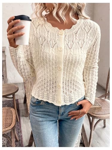 Image of GORGLITTER Women's Button Up Cropped Cardigan Fall Sweaters Lightweight Open Front Cute Long Sleeve Crochet Knit Tops