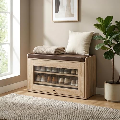 Image of Rocco Rosso Shoe Cabinet with Seat for 12 Pairs | Lift-Up Acrylic Fluted Shutter | Engineered Wood Shoe Rack Bench with Adjustable Shelves | Scratch-Resistant | Hallway Bedroom Entryway (Oak)