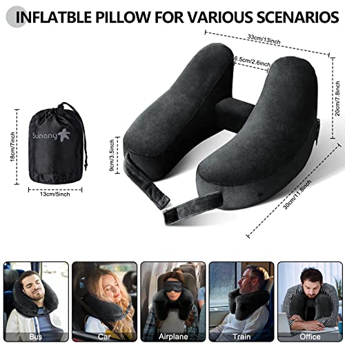 Neck Pillow for Travel Inflatable Airplane Pillow Comfortably Supports Head, Neck and Chin, Inflatable Travel Pillow with Soft Velour Cover and Portable Drawstring Bag (Black) - Thumbnail 4