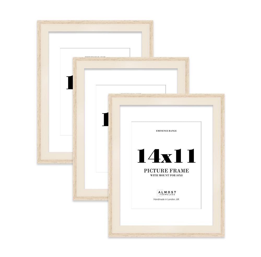 14x11" Oak Picture Frame with 10x8" Mount - Shabby Chic Photo Frame with Distressed Finish, Wall Hooks and Kickstand, 32mm Edge - 3 Pack