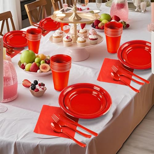 Red Plastic Plates,Christmas Disposable Plates Set,Disposable Plastic Dinnerware for Christmas Wedding Birthday,Serve 25 Guests – Image 4