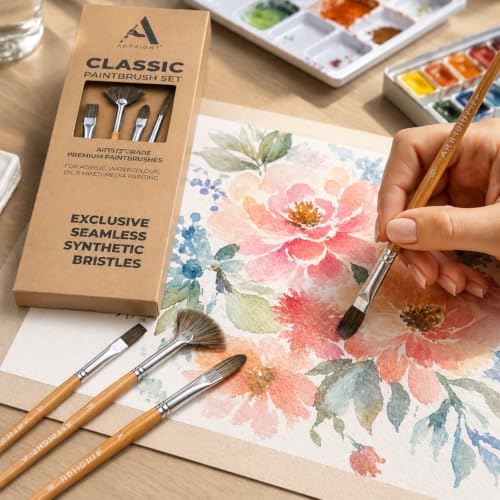 Image of Mix Artist Paintbrush Set of 4, Premium Professional Brush for Acrylic, Watercolor & Gouache Painting, Multi-Purpose Brushes for Beginners & Professionals (Round 6, Flat 5, Fan 3, Filbert 4)