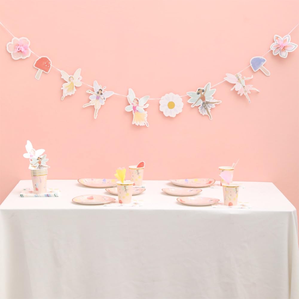 Juego de vajilla desechable de 57 piezas, diseño de hadas, hongos, platos, vasos, servilletas, decoración de pastel de hadas, suministros de decoración de fiesta de cumpleaños para niñas (10