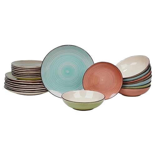 URBNLIVING Coloured Stone Glazed Ceramic Dinnerware Set - 24 Pcs Crockery Plates & Bowls - Assorted Colours - Green, Blue, Grey, Pink - Fridge & Dishwasher Safe