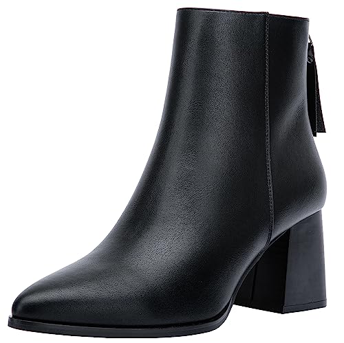 Jeossy Women's Black Chunky Heeled Ankle Boots, Pointed Toe Stacked Block Heel 9635 Booties with...