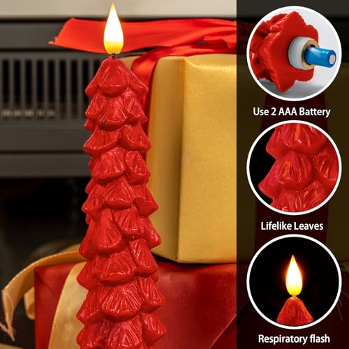 Image of Homemory 3 Pcs Christmas Tree Candles with Remote, Waxy Flameless Taper Candles Flickering, Red LED Candlesticks Battery Operated for New Year Celebration Holiday Decorations 9.7 Inches