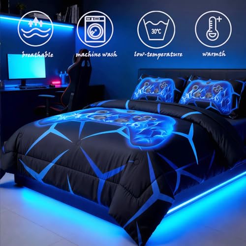 Image of ZRNBAST Twin Size Comforter Set, 6 Pieces Blue Gaming Bed in a Bag Twin
