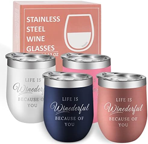 CELSWON Stainless Steel Wine Tumbler 4 Pack,Insulated Wine Glasses Set with Lids and Straws, Wine Tumblers with sayings, (Multi-Color 4 Pack, 12 oz)