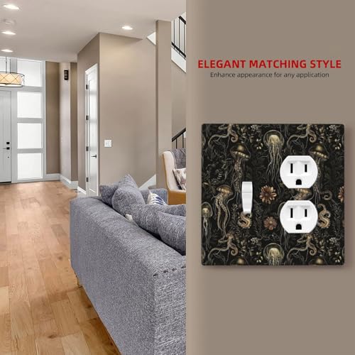 Decorative Outlet Covers Black Gold Jellyfish Squid Deep Sea Creatures 2 Gang Outlet Cover Wall Plate Single Toggle Duplex Light Switch Cover Plate Switch Plate Covers for Home Decor