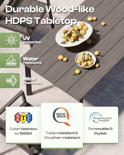 Image of Outdoor Dining Set for 6, Patio Table and Chairs Set with Umbrella Hole, 7 Pieces HDPS + Aluminum Outdoor Furniture Sets for Patio, Garden (Charcoal)