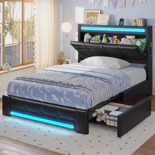 ADORNEVE Twin Bed Frames with Storage Headboard & 4 Drawers, LED Bed Frame with Charging Station,...