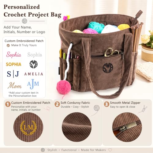 Image of MYBAGZIGN Personalized Crochet Bag, Custom Corduroy Yarn Storage Tote with Pockets for Crochet Hooks, Knitting Supplies & Yarn, Project Bag Gift for Crocheters & Knitters