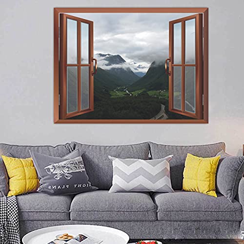 Image of CVANU Beautiful Green High Mountain Covering with White Clouds, Removable Fake Window Wall Stickers /Decals for Living Room Cv 43