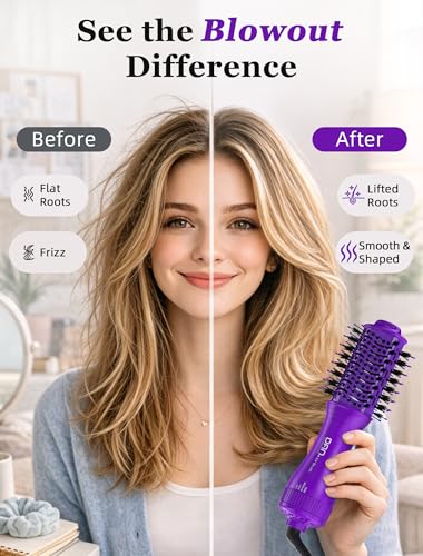 Image of Mini Travel Ceramic Blow Dryer Brush for Short to Medium Hair, 2 Inch Oval Styling Hot Air Brush with 3 Heat Settings, Lightweight Volumizing & Smoothing Tool, 120V, Purple