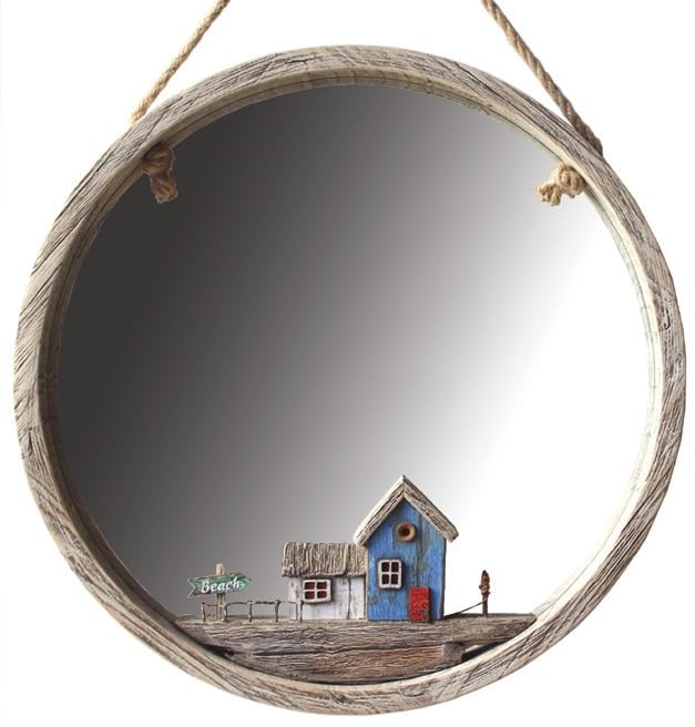 Fyne-Finds Rustic Wooden Wall Hanging Nautical Mirror Coastal Scene Beach Seaside Bathroom 37cm Decorative Mirror