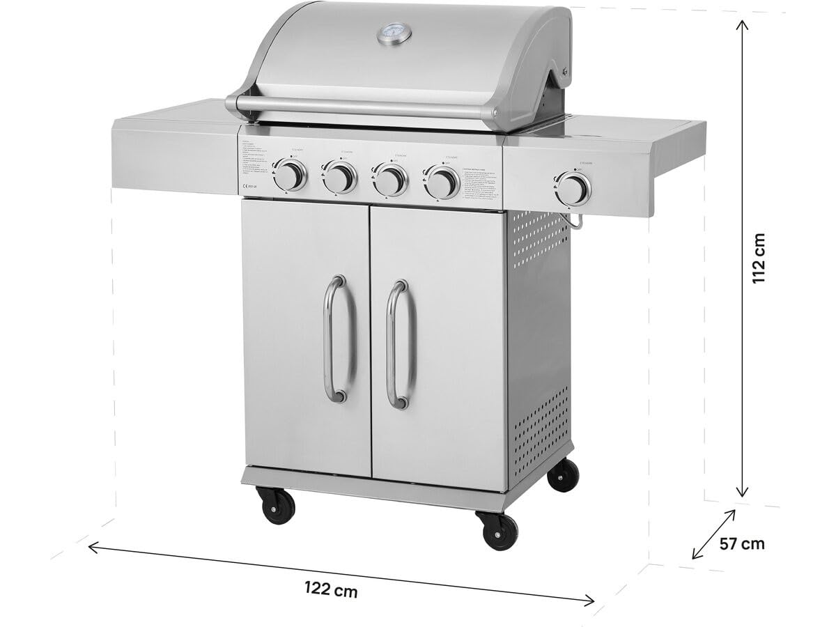 Barbacoa de gas de acero inoxidable con 5 quemadores incluyendo 1 quemador lateral Brazzo - 118 x 57 x 104 cm - Gris claro