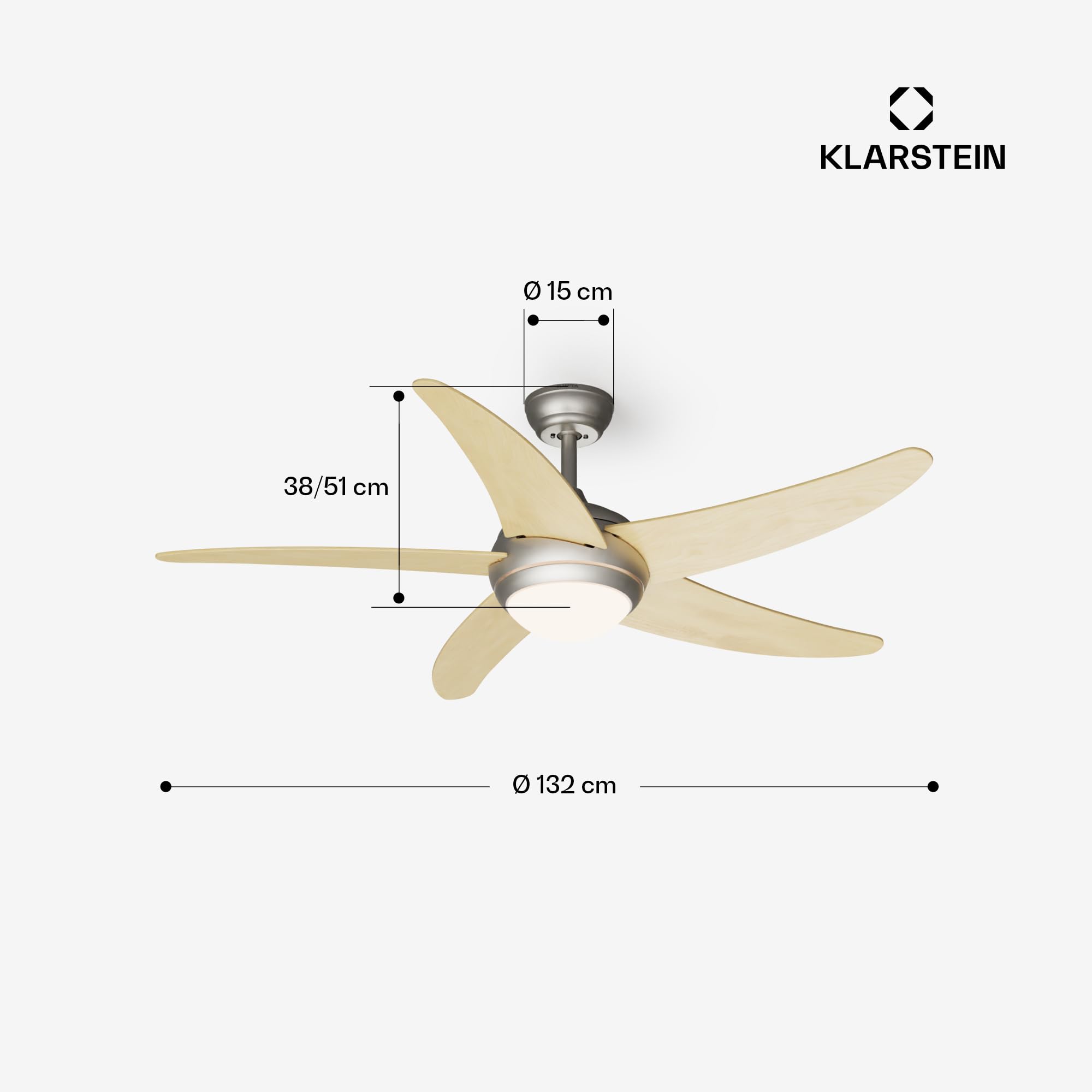 KLARSTEIN Bolero Ventilatore da Soffitto con Luce e Telecomando - 132cm, 6 Velocità, Modalità Estiva/Invernale, Silenzioso, Smart App, Design Elegante, Montaggio Flessibile, Acero