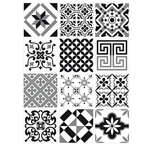 Stickers Carreaux de Ciment Noir, Gris, Blanc. Planche 12 Carreaux Ciment adhésifs GREYBLACK Stickers décoratifs. Autocollant Mural - GREYBLACK - Dimensions d'un Sticker : 15 x 15 cm