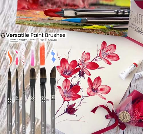 Image of Like It SilkyTouch Artist Paint Brush Set - 6-Piece Versatile Synthetic Brushes for Gouache, Acrylic, Watercolor&Oil Painting|Short Handle| Includes Round,Filbert,Dagger,Flat Shapes with Brush Holder