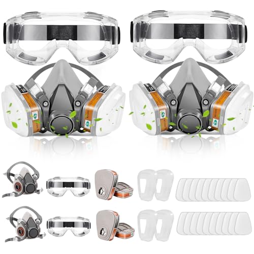 Respirator Mask, (2 Set) Respirators Gas Mask with Filters and Safety Goggles, Reusable Professional Respirator Against Dust, Gas, Chemicals, Organic Vapors for Painting, Resin, Family Decoration Work