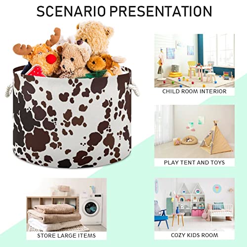 Mifsoiavv Cowhide Brown Large Round Storage Basket Milk Cow Print Laundry Basket Cowhide Skin Pattern Toy Storage Hamper Organizer Bin Storage Box Durable Handles For Bathroom #TOP3