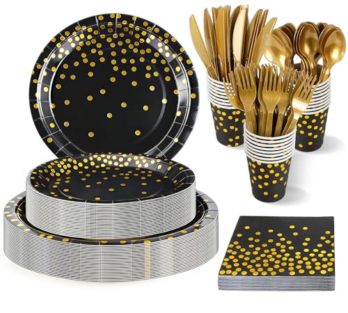 Lot de 168 Assiettes de Fête Noir et Or | Service de Vaisselle en Carton pour Fête avec Gobelets, Serviettes et Couverts | Pour Anniversaire, Mariage, Party, Camping |...