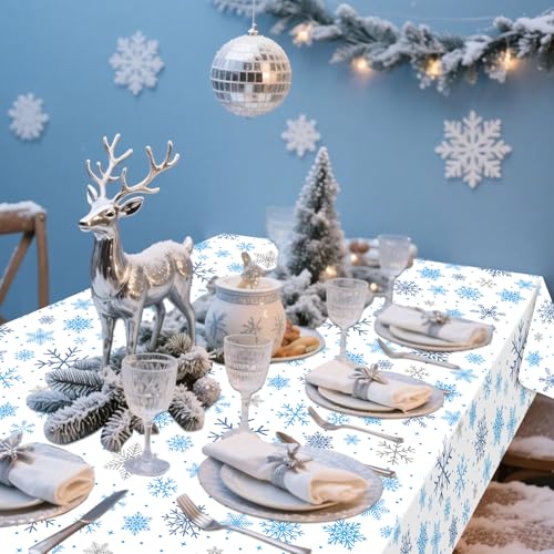Image of Gistome 3-Piece 54 x 108 Inch Snowflake Plastic Tablecloth - Blue and White Christmas Holiday Disposable Table Cover for Winter Parties, Xmas Dinners, and Indoor Outdoor Decorations