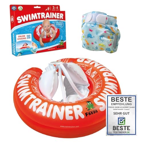 FREDS SWIM ACADEMY SWIMTRAINER Classic Rot + Nappy Blau (Gr&ouml;&szlig;e 1) &ndash; Schwimmset f&uuml;r Babys & Kleinkinder von 3 Monaten bis 4 Jahren, Schwimmhilfe & Wiederverwendbare Schwimmwindel zur Wassergew&ouml;hnung