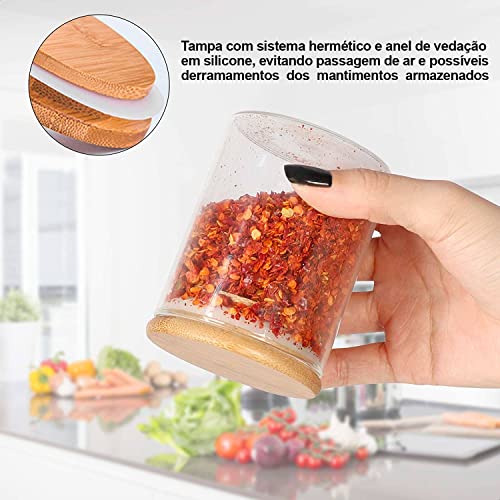 Kit 12 Potes 200ML de Vidro com Tampa de Bambu Herméticos com Adesivos e Canetinha