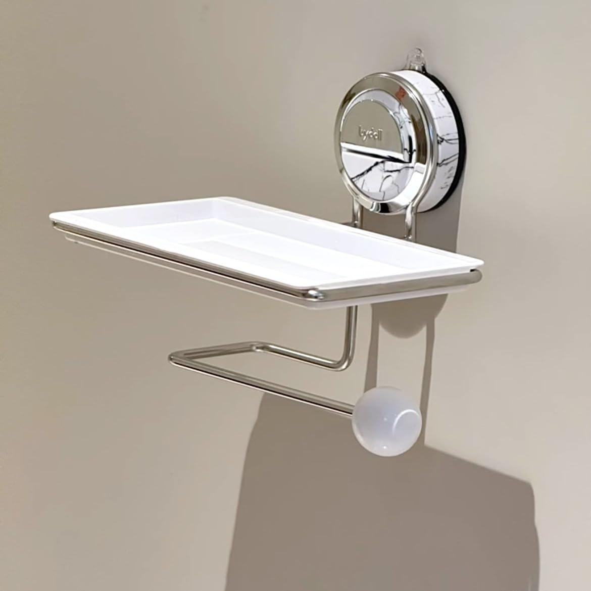 Soporte de papel higiénico con ventosa blanca y estante de acero