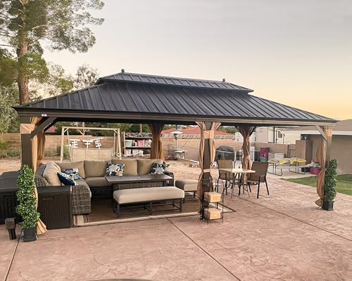 PURPLE LEAF 13' X 20' Outdoor Hardtop Gazebo Patio Wide Aluminum Frame Metal Double Roof with Heavy Duty Netting and Curtains for Permanent Hard Top Pavilion Screen, Khaki