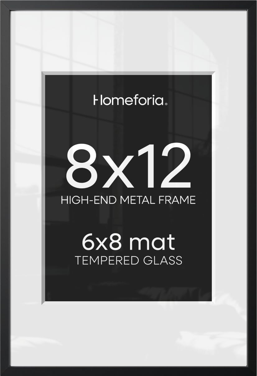 Homeforia 8x12 Black Picture Frame, High-End Metal, 6x8 Mat, Glass