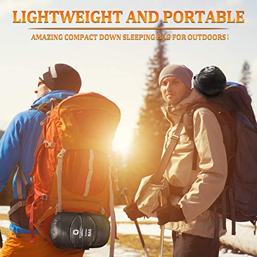 Mummy Down Sleeping Bag, 41 Degree F 600 Fill Power 4 Season Warm & Cold Weather - Ultralight Compact Portable Waterproof Camping Sleeping Bag with Compression Sack for Adults, Teen, Kids (2-Black) - Thumbnail 2