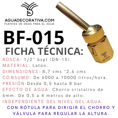 AGUADECORATIVA - Gartenbrunnendüsen 1/2 Zoll, schwenkbare Düsen von 6 mm mit Ventil zur Höhenverstellung (Messing) für Wasserspiel - BF015