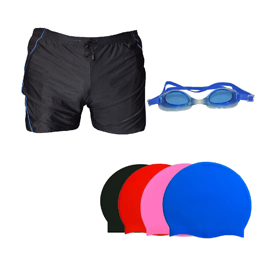 SWIMMING SHORTS V-619 BLACK BLUE PIPING SIZE 3XL WITH GOGGLES SILICON JOINTLESS WITH BOX BLACK AND 100% SILICONE SWIMMING CAP PLAIN RED-image-46