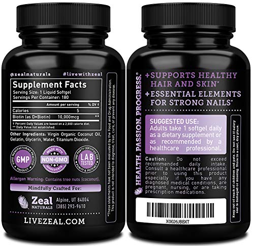 Zeal Naturals Biotin With Coconut Oil For Hair 10000Mcg (180 Softgels) + Biotin Gummies For Hair, Skin, And Nails #TOP3