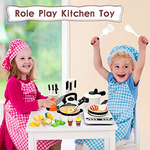 Koonie 50PCS Kitchen Toys, Pretend Play Kitchen Set with Electronic Induction Cooktop, Pressure Pot and Pans, Cutting Play Food, Play Cooking Utensils for Toddlers, Kids, Girls, Boys Learning Gift