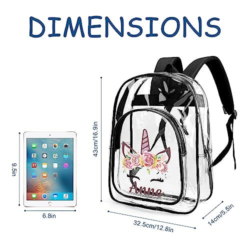 Personalized Unicorn Clear Backpack for Girls With Name, Transparent Heavy Duty Backpack With Reinforcing Straps For School Sports Workplace, Custom Waterproof Clear Book Bag, Back to School Gift3