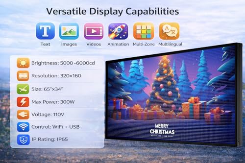 Image of P5 Outdoor Full-Color Programmable LED Sign 65 inch x 34 inch High-Brightness Digital Display with WiFi & USB Control, Scrolling Message Board for Business Advertising, Text /Image /Video, IP65 Waterproof