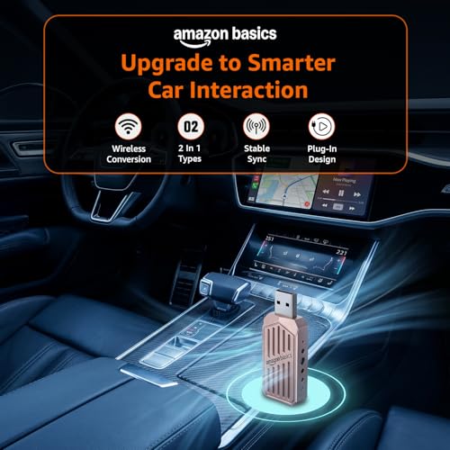 Image of Amazon Basics 2-in-1 Wireless Car Receiver, Converts Wired Auto Android & CarPlay to Wireless, Bluetooth Connectivity, Only for Cars with OEM Installed Wired Android Auto /CarPlay