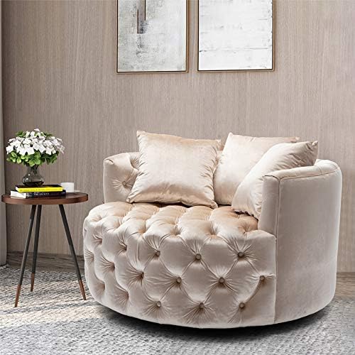 Pannow Swivel Barrel Chair, Modern Akili Swivel Accent Chair, Velvet Round Barrel Chair for Home Living Room/Modern Leisure Chair with 3 Pillow (42.9 Inch, Beige)
